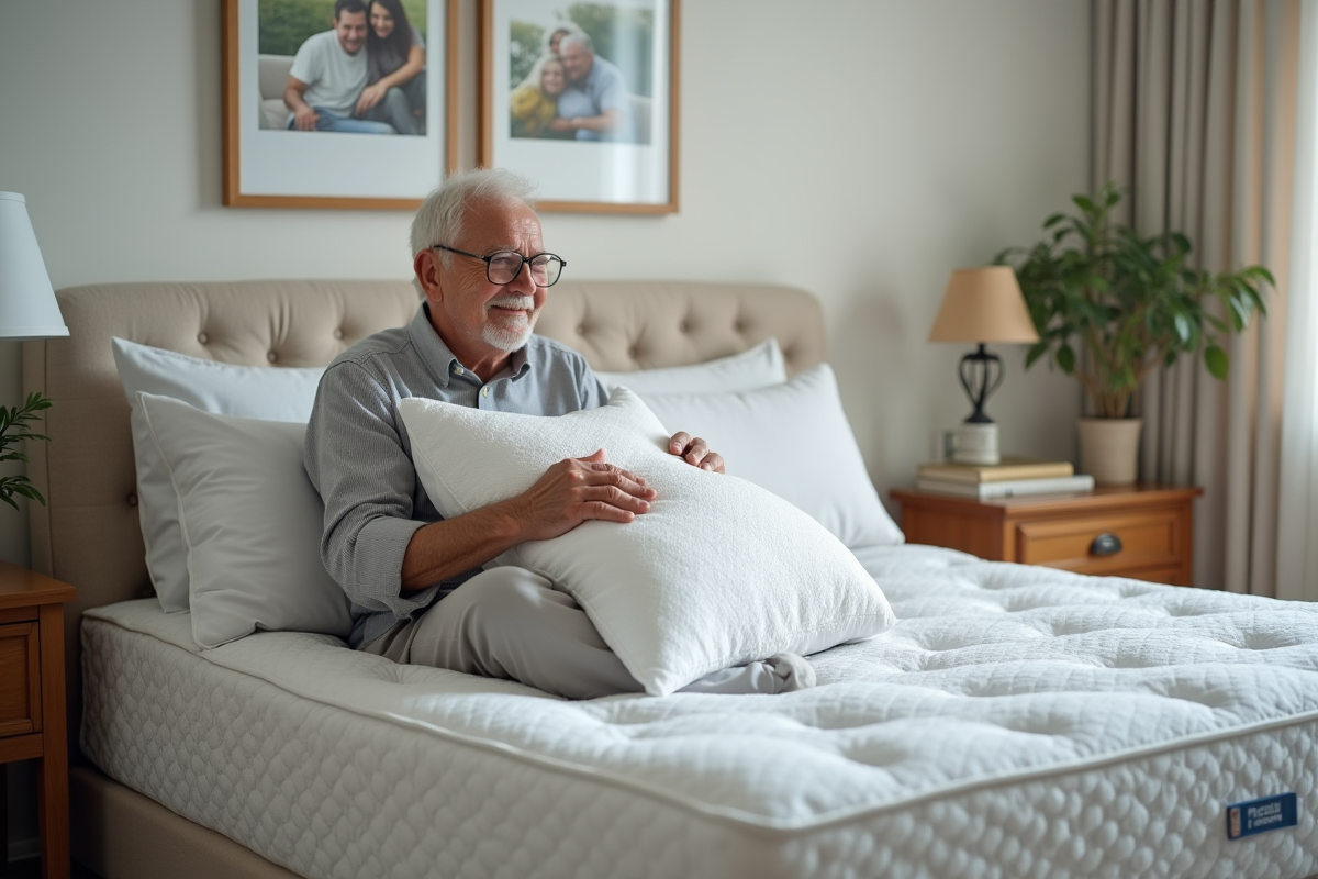 Homme agee assis sur un matelas ajustant un oreiller