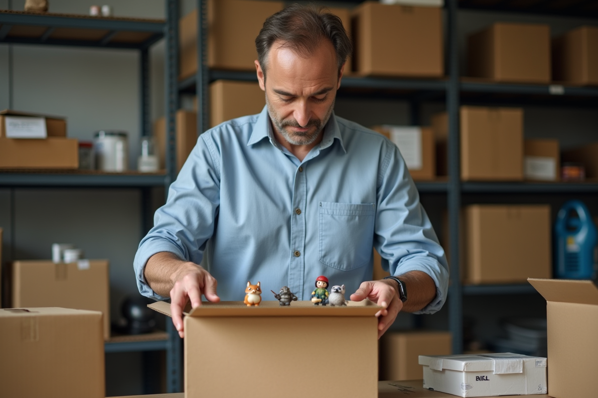 Homme plaçant figurines dans une boîte dans un garage organisé