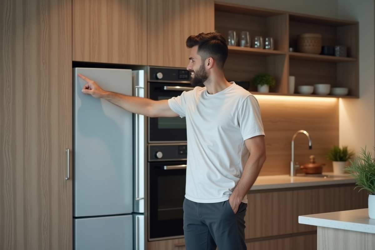 Jeune homme pointant un frigo dissimule dans une cuisine contemporaine