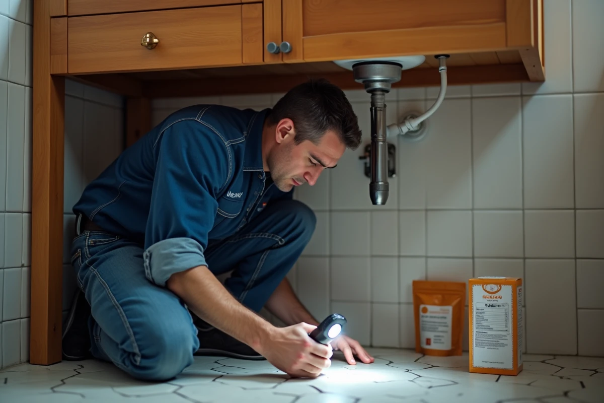 Homme inspectant la tuyauterie sous un lavabo avec du bicarbonate de soude pour déboucher un évier bouché