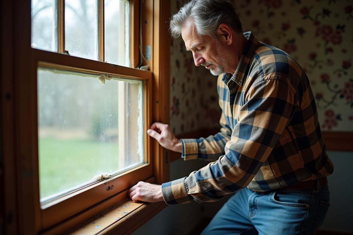 Homme appliquant du ruban d'étanchéité sur une vieille fenêtre en bois