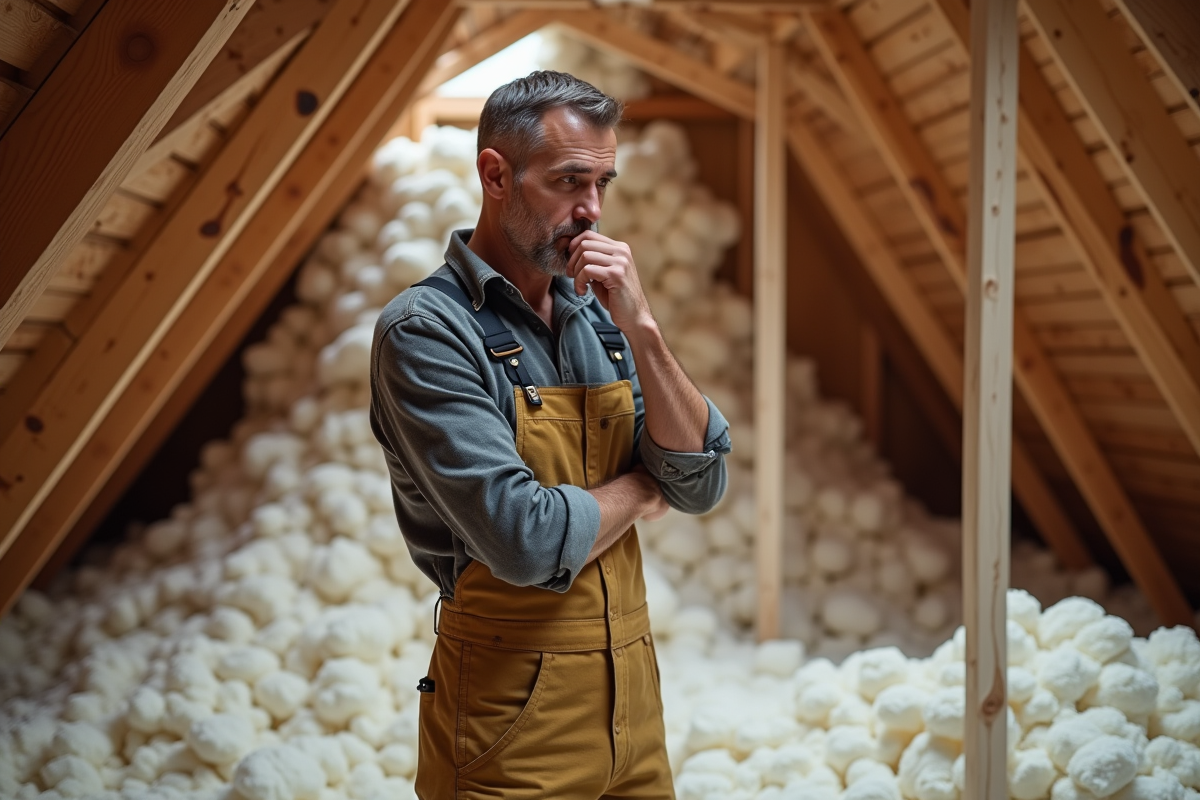 Homme en overalls examinant l'isolation en grenier