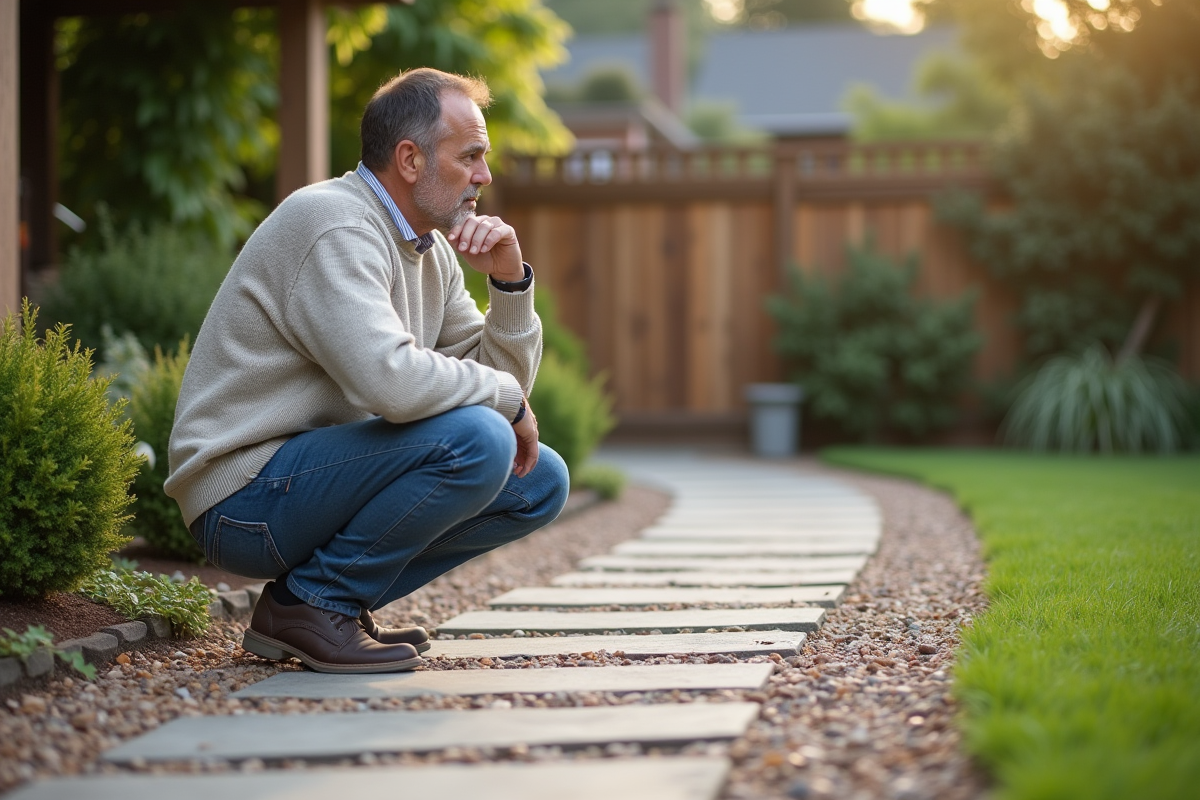 Homme d'âge moyen sur un chemin de jardin en pavés