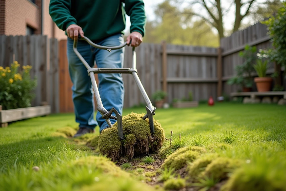 Homme en vêtements de jardin actif avec scarificateur sur pelouse