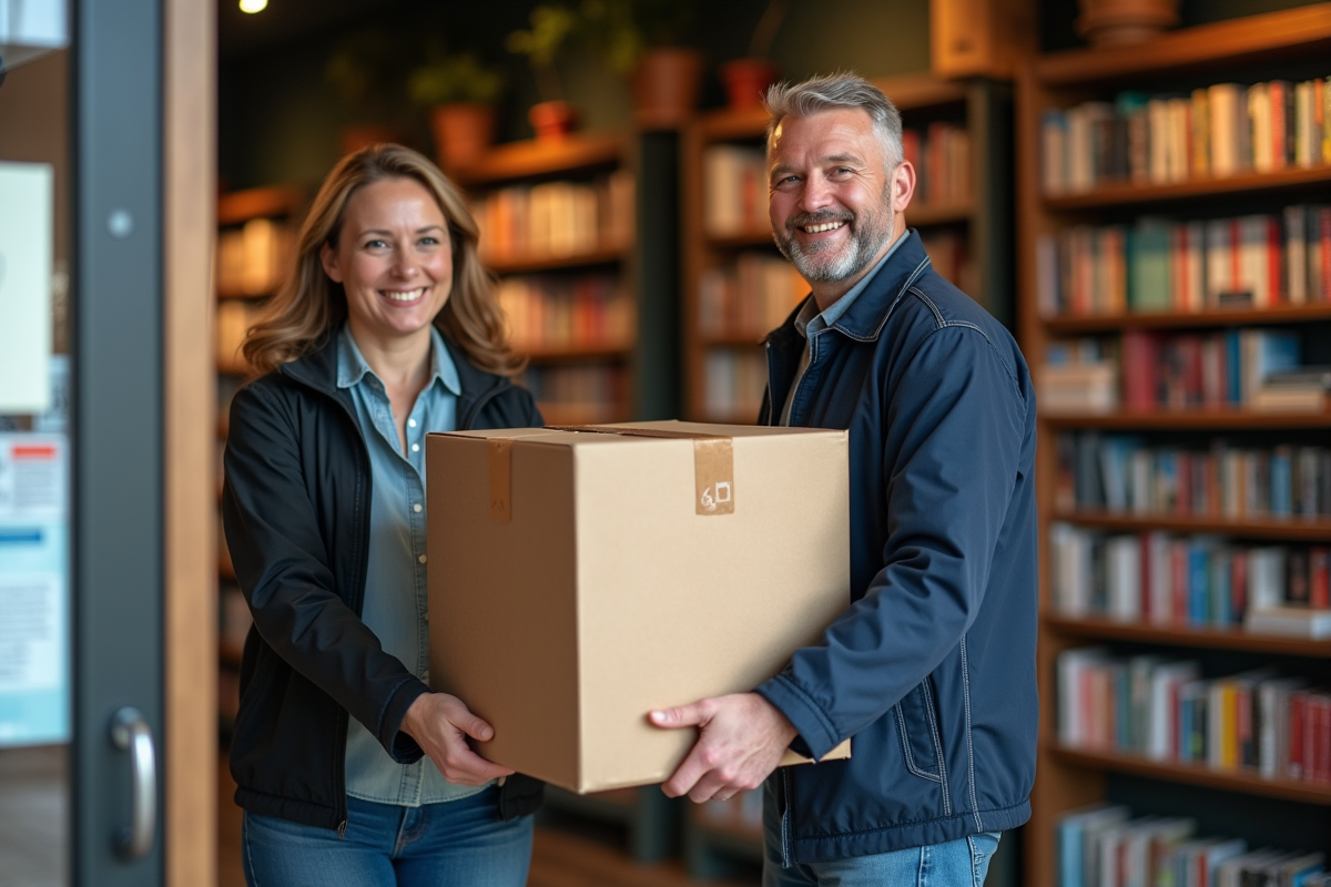 Homme souriant recevant des cartons dans une librairie