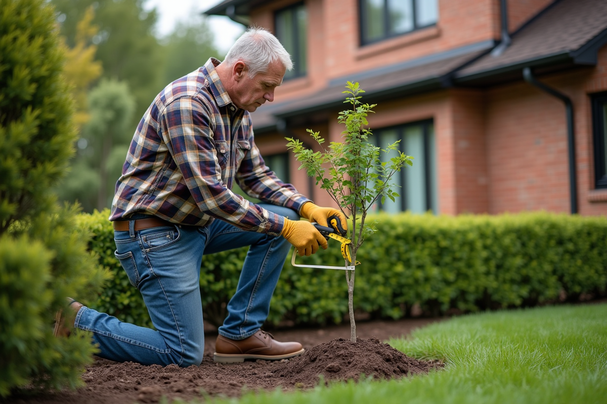 Homme mesurant un jeune arbre dans un jardin