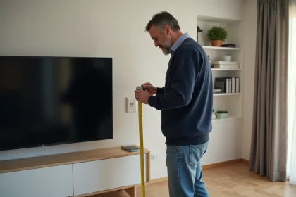 Homme d'âge moyen examine une prise électrique moderne dans son salon