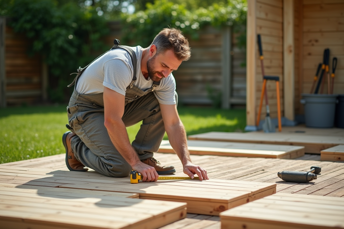 Homme en overalls mesure une terrasse en bois en extérieur