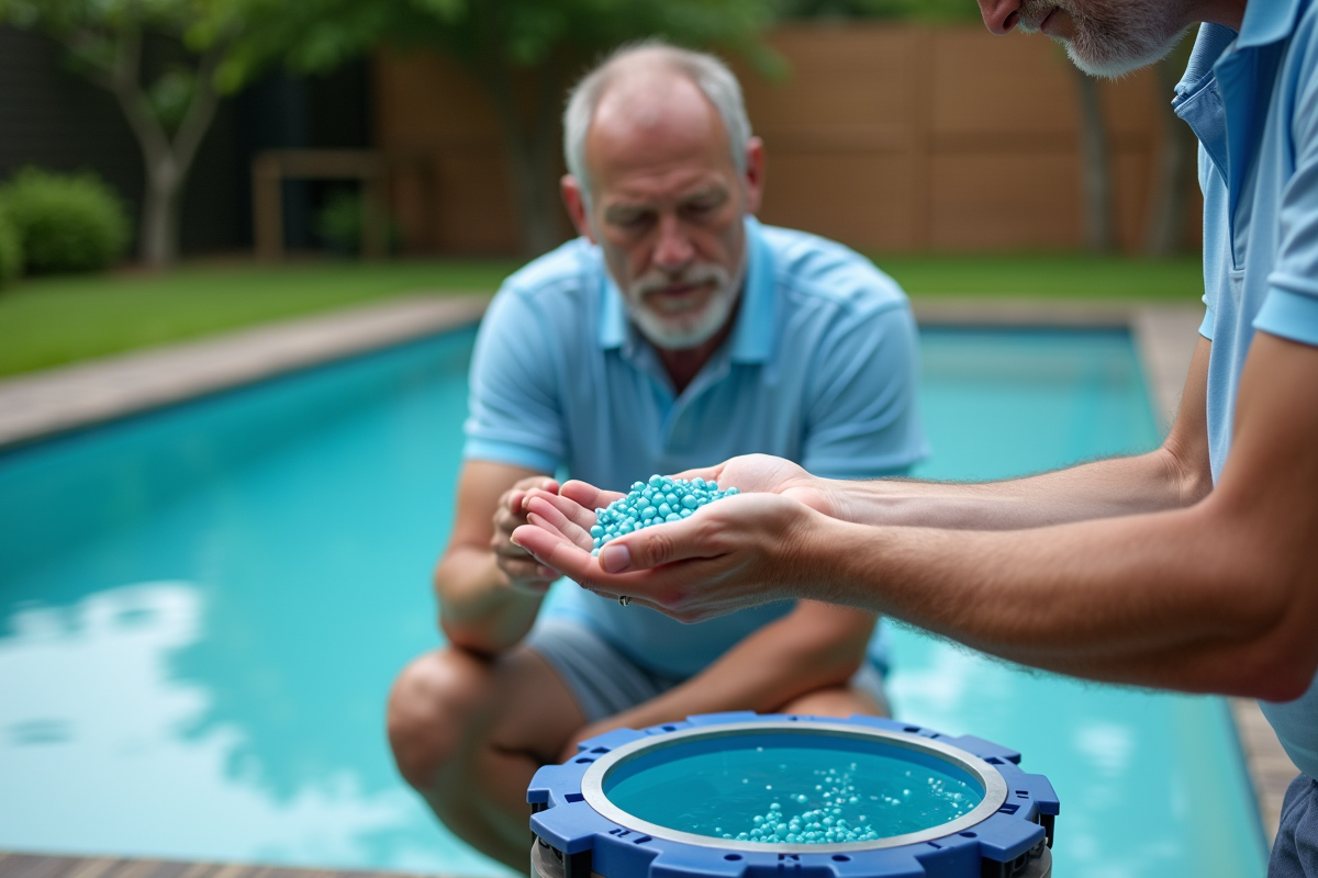 Homme examine un filtre de piscine avec des médias aquablue