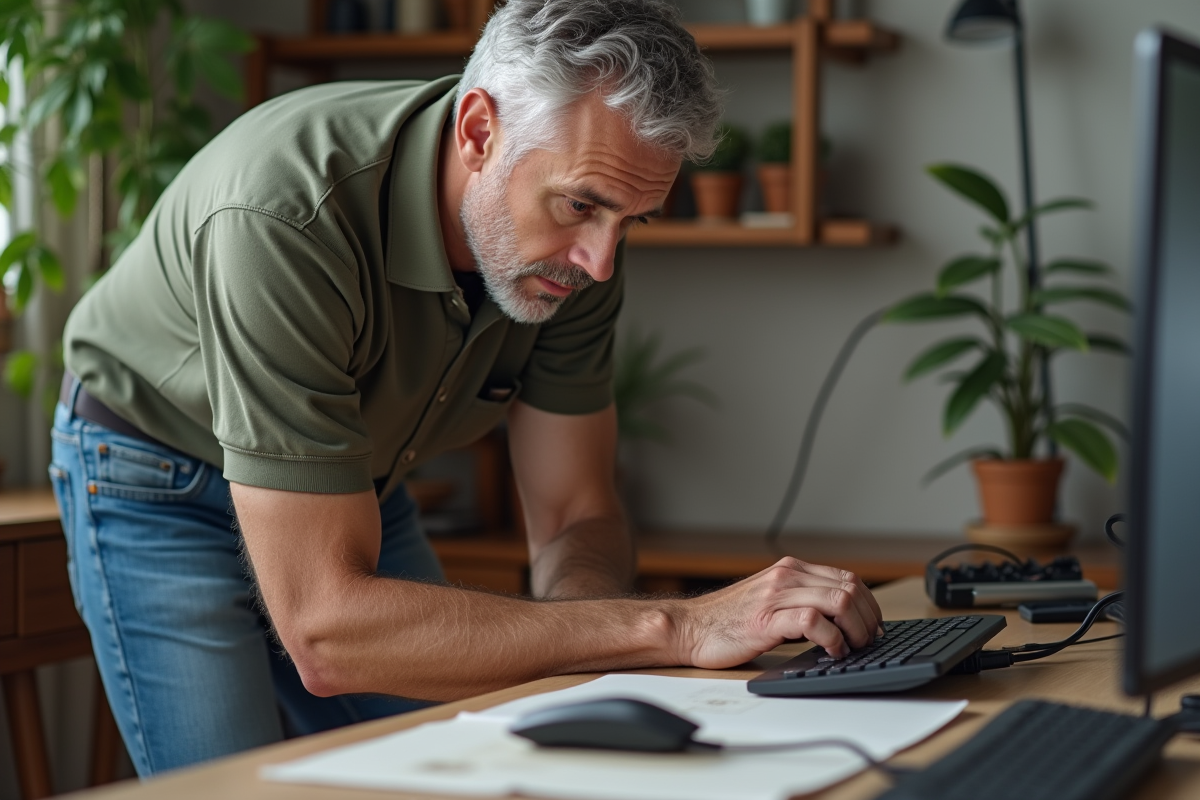 Homme d'âge moyen examine une multiprise moderne dans un bureau cosy