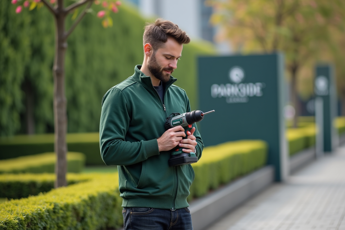 Homme en extérieur avec outil Parkside dans un parc urbain