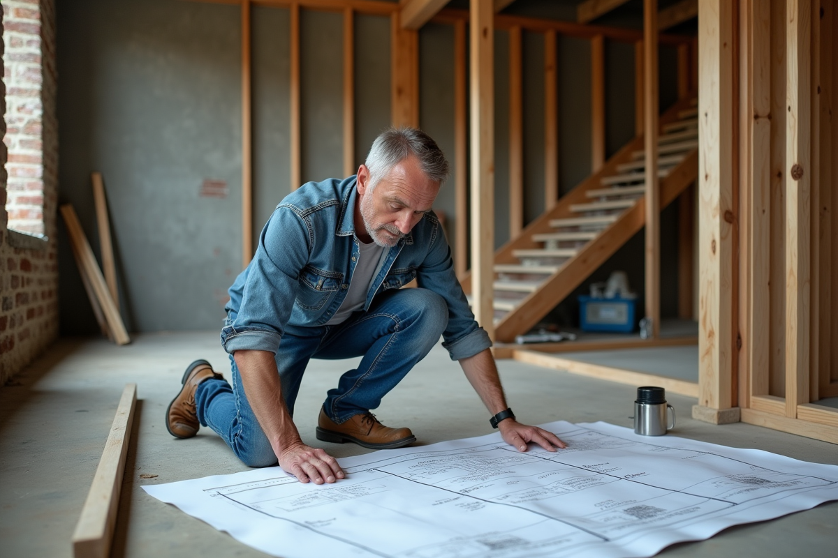 Homme d'âge moyen examine des plans dans un sous-sol en rénovation