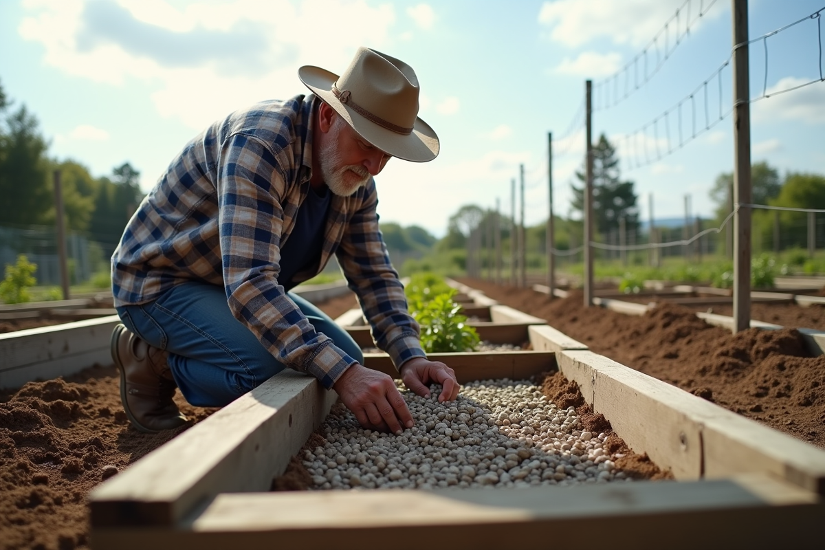 Homme âgé posant des pierres dans la jardinière