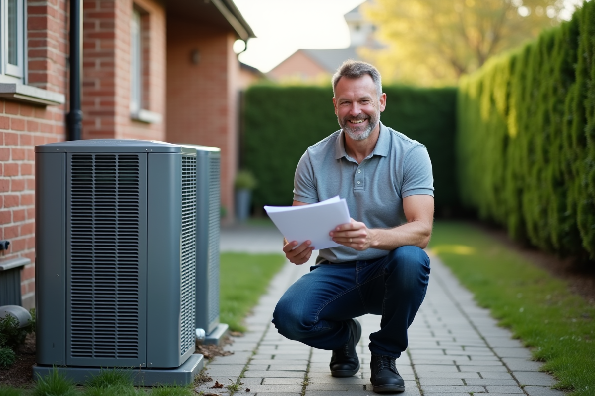 Homme d'âge moyen avec documents devant une pompe à chaleur
