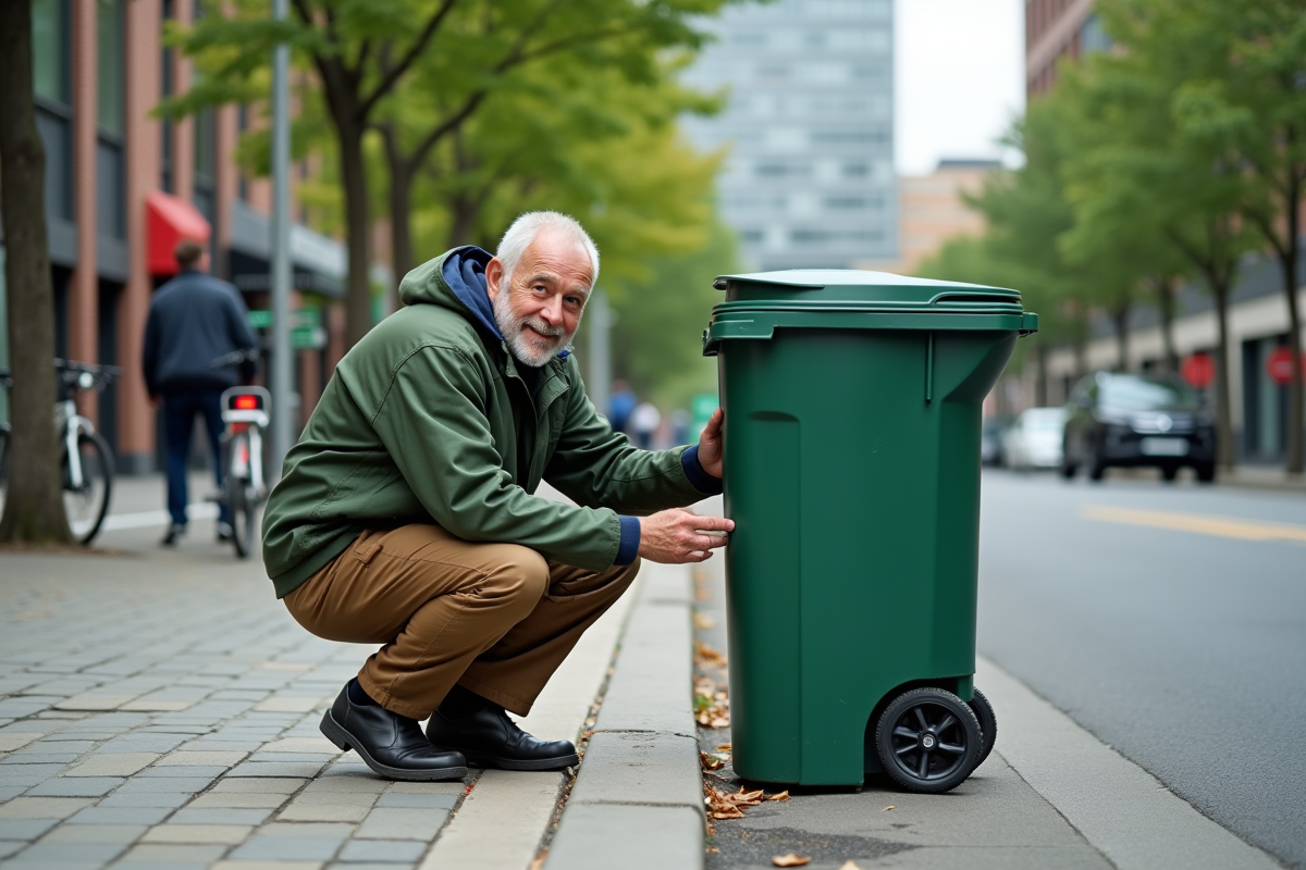 Homme âgé ajustant une poubelle de recyclage en ville
