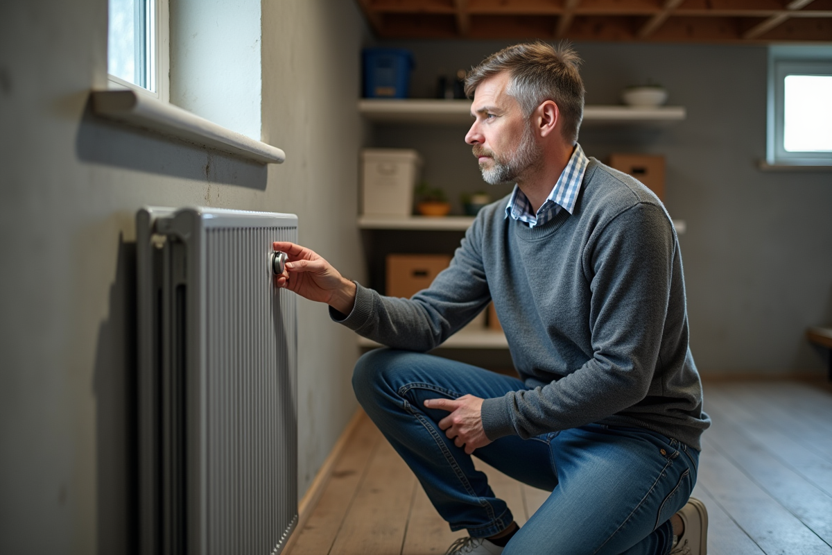 Homme d'âge moyen réglant le thermostat d'un radiateur moderne