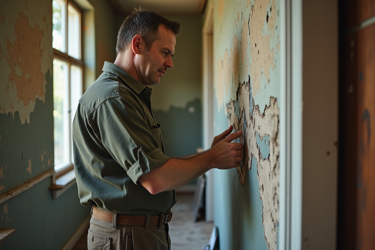 Homme examine un mur humide et abîmé dans une vieille maison