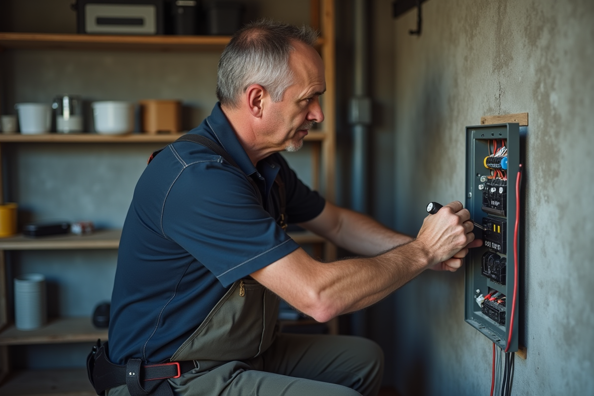 Homme en polo bleu remplaçant un tableau électrique dans un local organisé