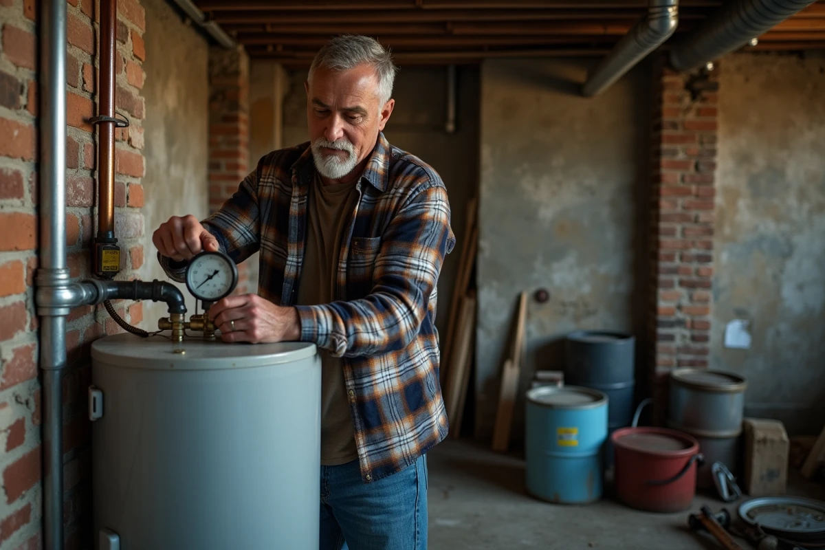Homme d'âge moyen vérifiant un chauffe-eau ancien dans un sous-sol rustique