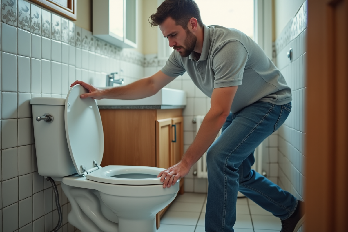 Homme d'âge moyen répare une toilette dans la salle de bain