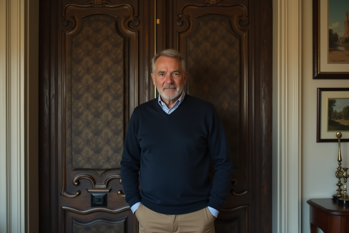 Homme devant un rideau en velours dans un intérieur élégant