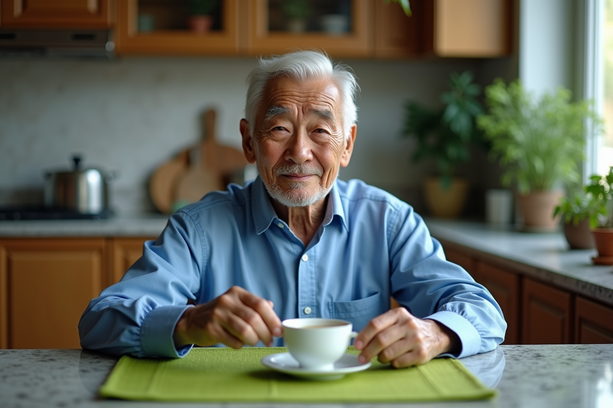 Homme âgé buvant du thé dans une cuisine chaleureuse