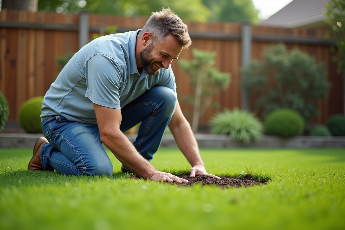 Homme en jeans tondant la pelouse dans le jardin