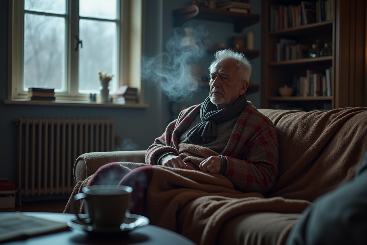 Homme âgé en pyjama et écharpe assis sur le canapé