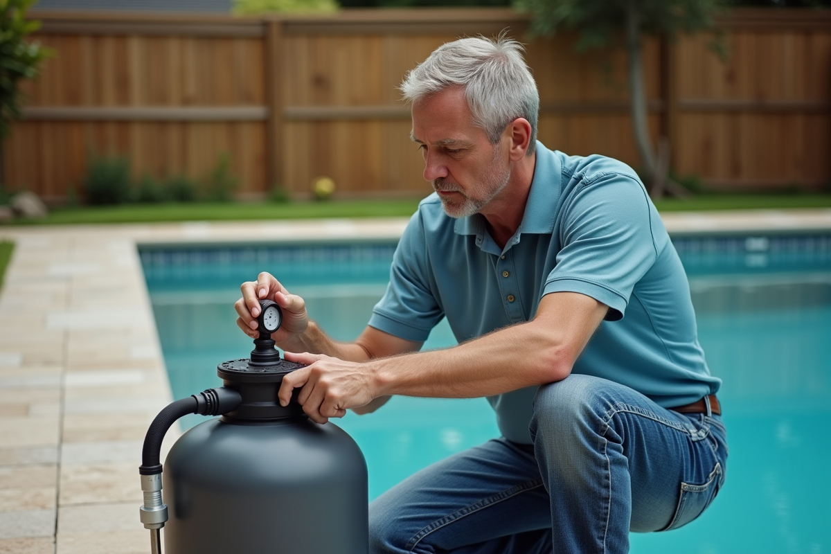 Homme vérifiant un filtre à sable près de la piscine