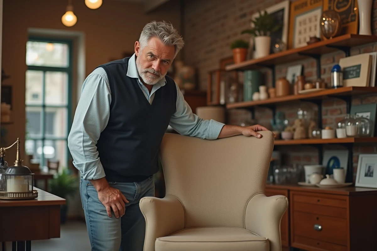 Homme examine une chaise de salle à manger dans une boutique