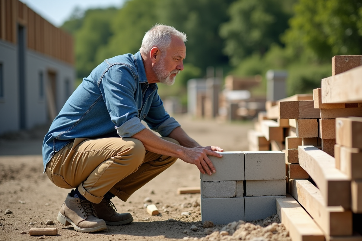 Homme inspecte blocs de béton écologique sur un chantier en extérieur