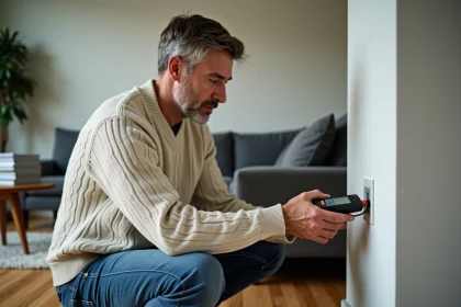 Homme vérifiant une prise électrique avec un testeur dans un salon