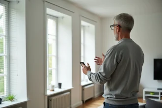 Homme d'âge moyen examinant un volet électrique bloqué dans un salon lumineux
