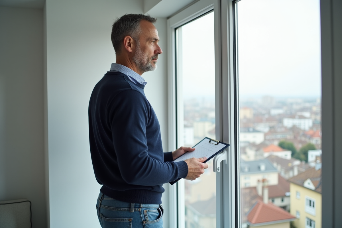 Homme regardant une fenêtre dans un appartement lumineux