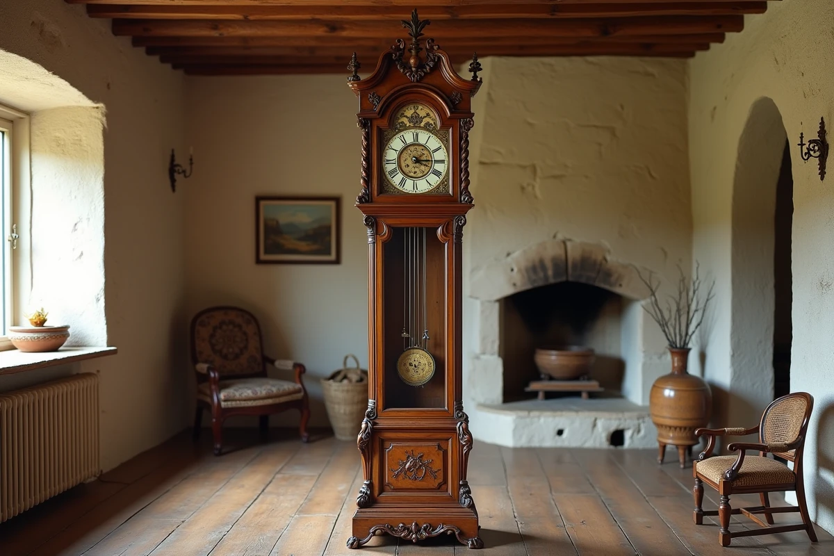 Horloge comtoise artisanale en noyer sculpté avec cadran émaillé dans une maison de campagne traditionnelle