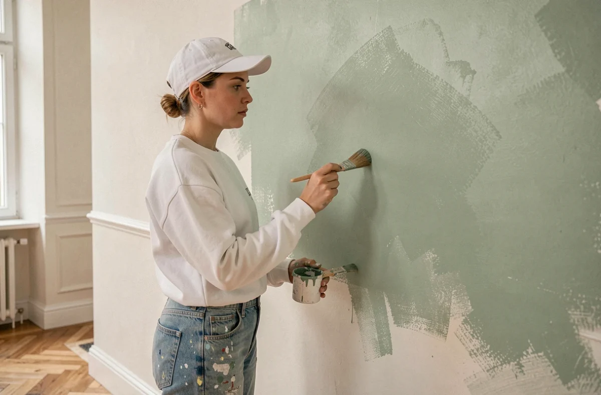 Peintre femme ID Peinture appliquant un effet décoratif vert sauge sur un mur d'accent dans un appartement normand au parquet en chevrons