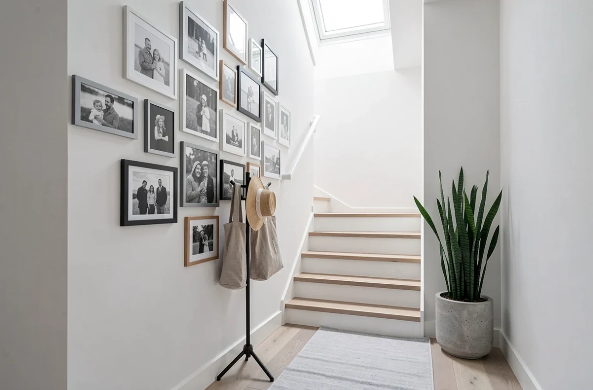 Mur de cage escalier décoré sans perçage avec des étagères adhésives, une galerie de photos encadrées et une plante verte dans une maison de style scandinave