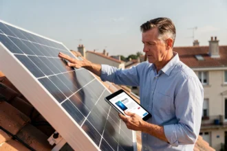 Ingénieur examinant des panneaux solaires installés sur un toit résidentiel avec une tablette affichant un aperçu PNG de l'installation
