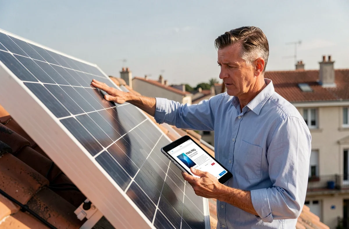 Ingénieur examinant des panneaux solaires installés sur un toit résidentiel avec une tablette affichant un aperçu PNG de l'installation