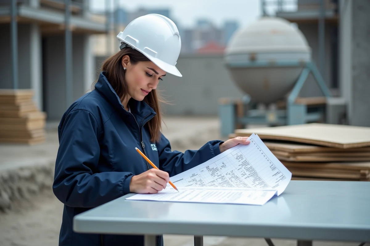 Ingénieure en génie civil analysant des calculs de béton en m3 sur un plan de chantier