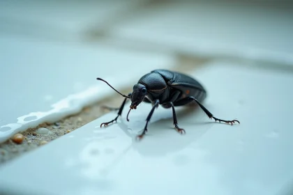 Gros plan macro d'un insecte noir brillant sur carrelage de salle de bain humide avec traces d'humidité aux joints