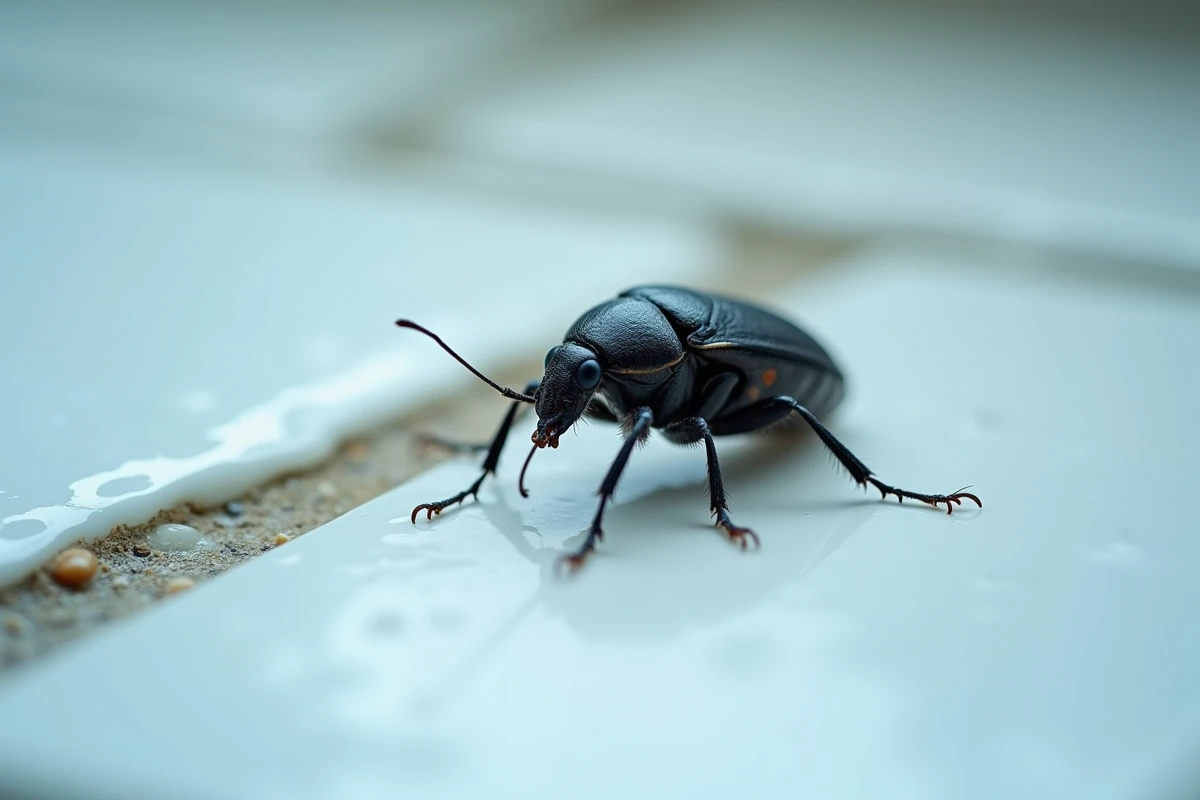 Gros plan macro d'un insecte noir brillant sur carrelage de salle de bain humide avec traces d'humidité aux joints