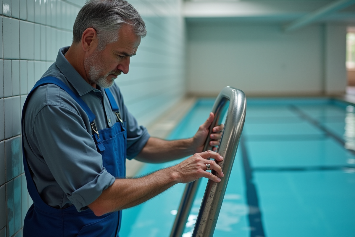 Inspecteur en overalls examine une échelle de piscine en acier
