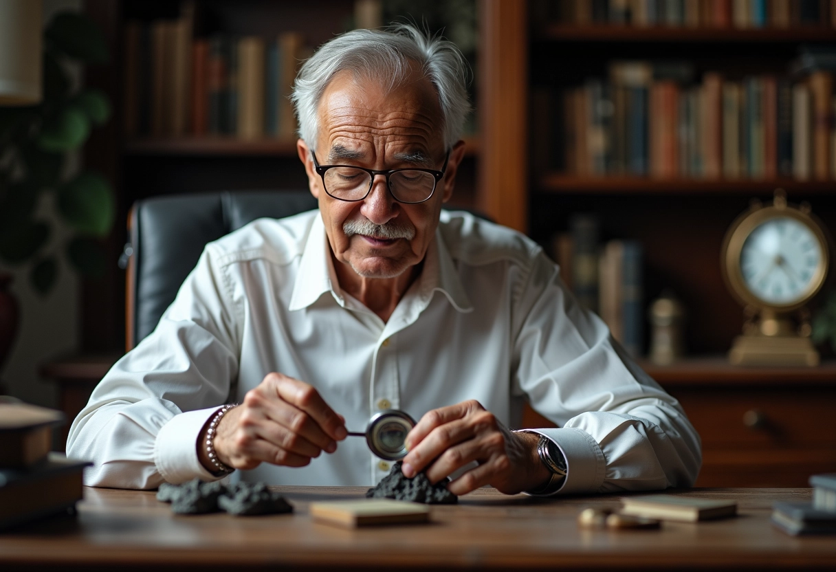 Homme senior examinant un bijou en argent noirci avec une loupe