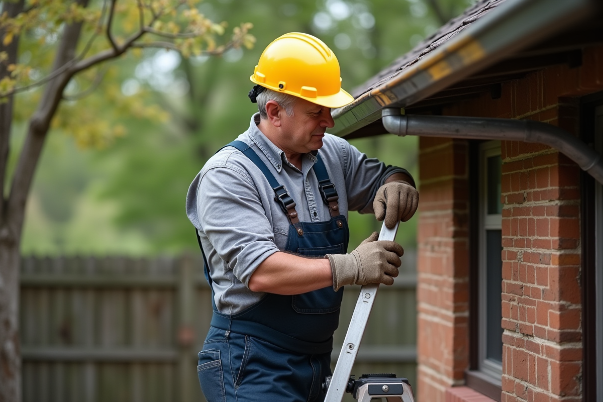 Hommes inspectant une gouttière en métal sur une maison ancienne