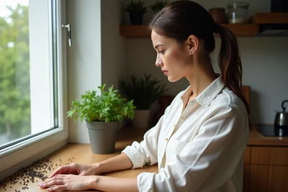 Jeune femme inspectant des insectes sur une fenêtre en cuisine