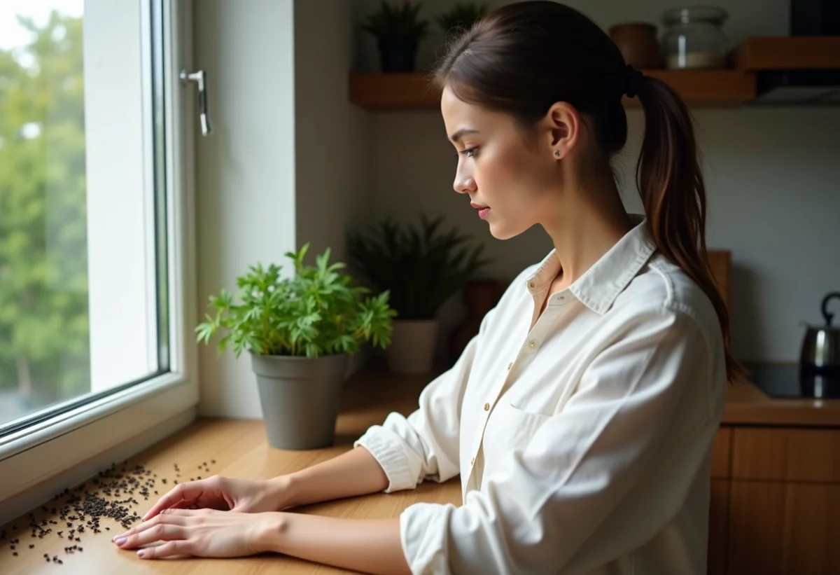 Jeune femme inspectant des insectes sur une fenêtre en cuisine