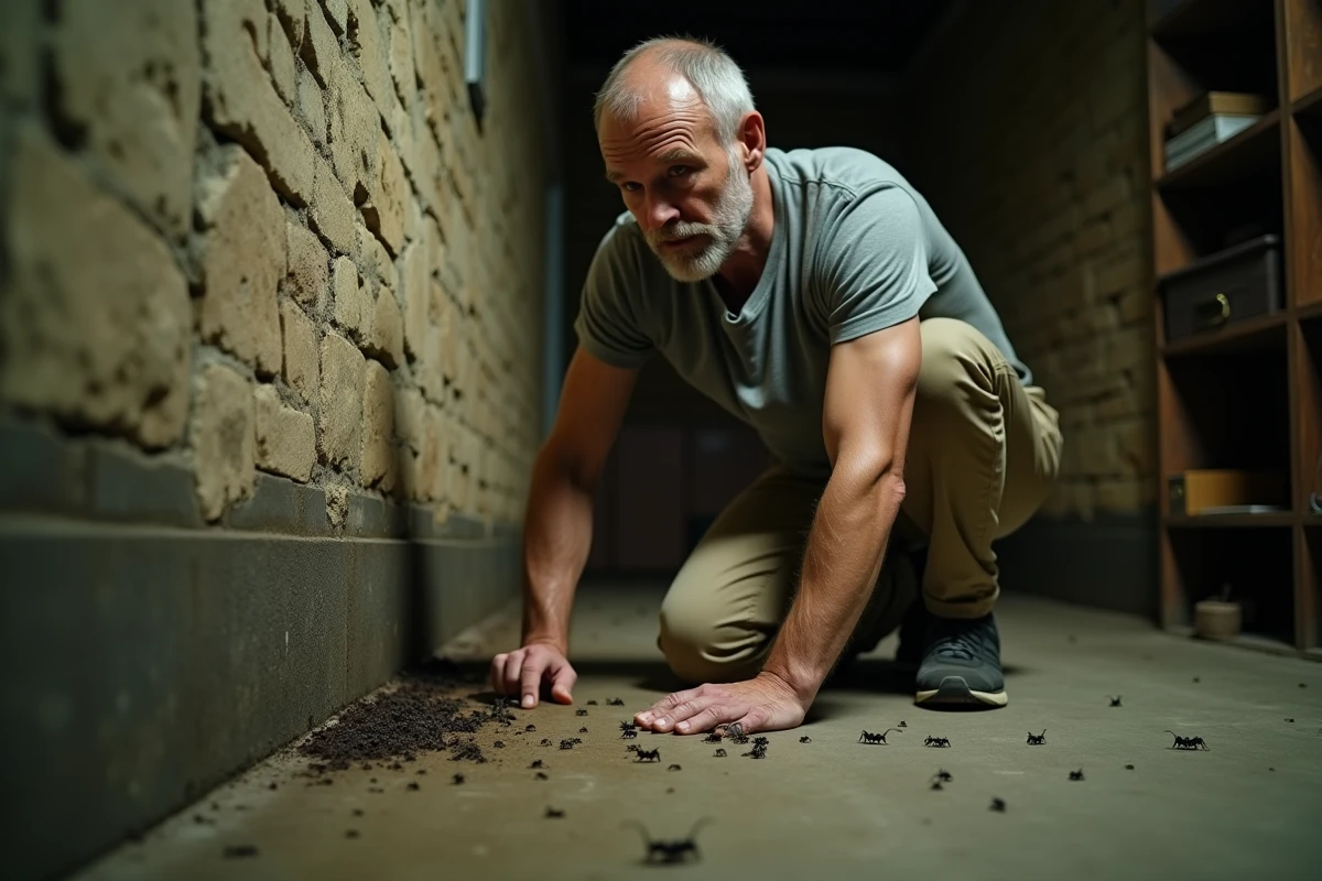 Homme inspectant des insectes noirs sur une plinthe en bois humide dans une cave de maison ancienne