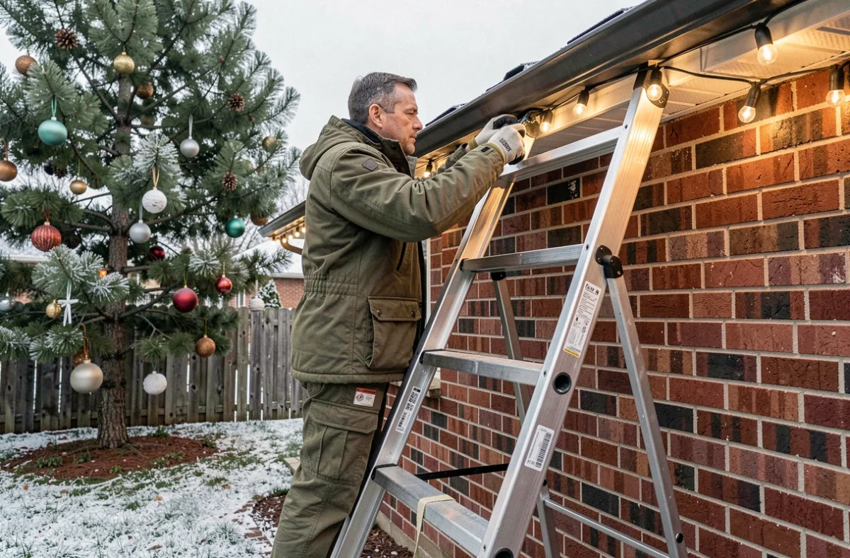 Homme installant des guirlandes lumineuses de Noël sur le toit d'une maison en briques depuis une échelle