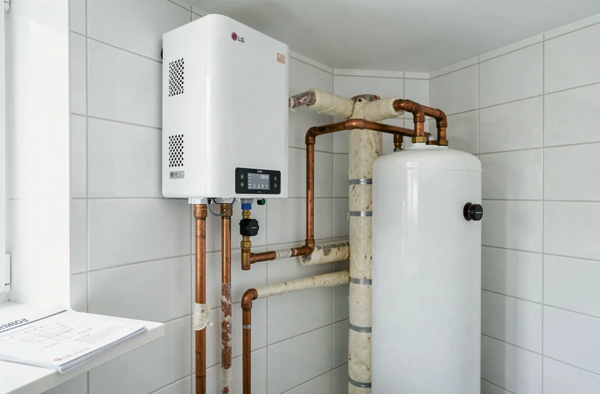 Installation intérieure d'une pompe à chaleur LG Therma V 16 kW dans une chaufferie résidentielle moderne